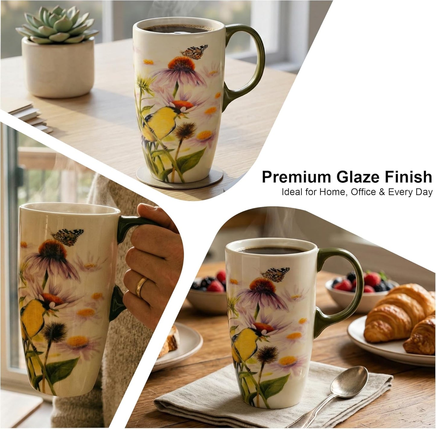 17oz Botanical Sunflower Ceramic Travel Mug with Handle, Gift Box | Splash-resistant lid • Comfortable grip • Smooth glazed finish • Easy cleaning • Microwave & Dishwasher Safe