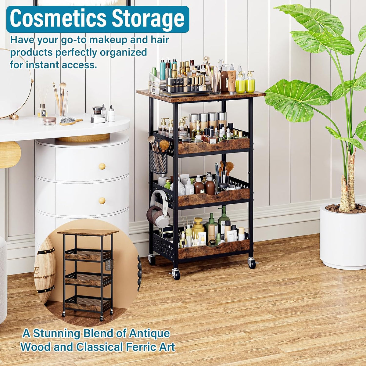 4-Tier Rolling Cart with Drawer, Pegboard, Hanging Basket & Hooks