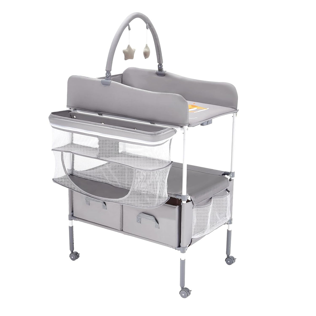Baby Changing Table, Foldable Diaper Change Station with 2 Fabric Drawers, Side Basket and Hanging Rod, Adjustable Height Changing Table with Lockable Wheels and 2 Star Toys, Light Gray