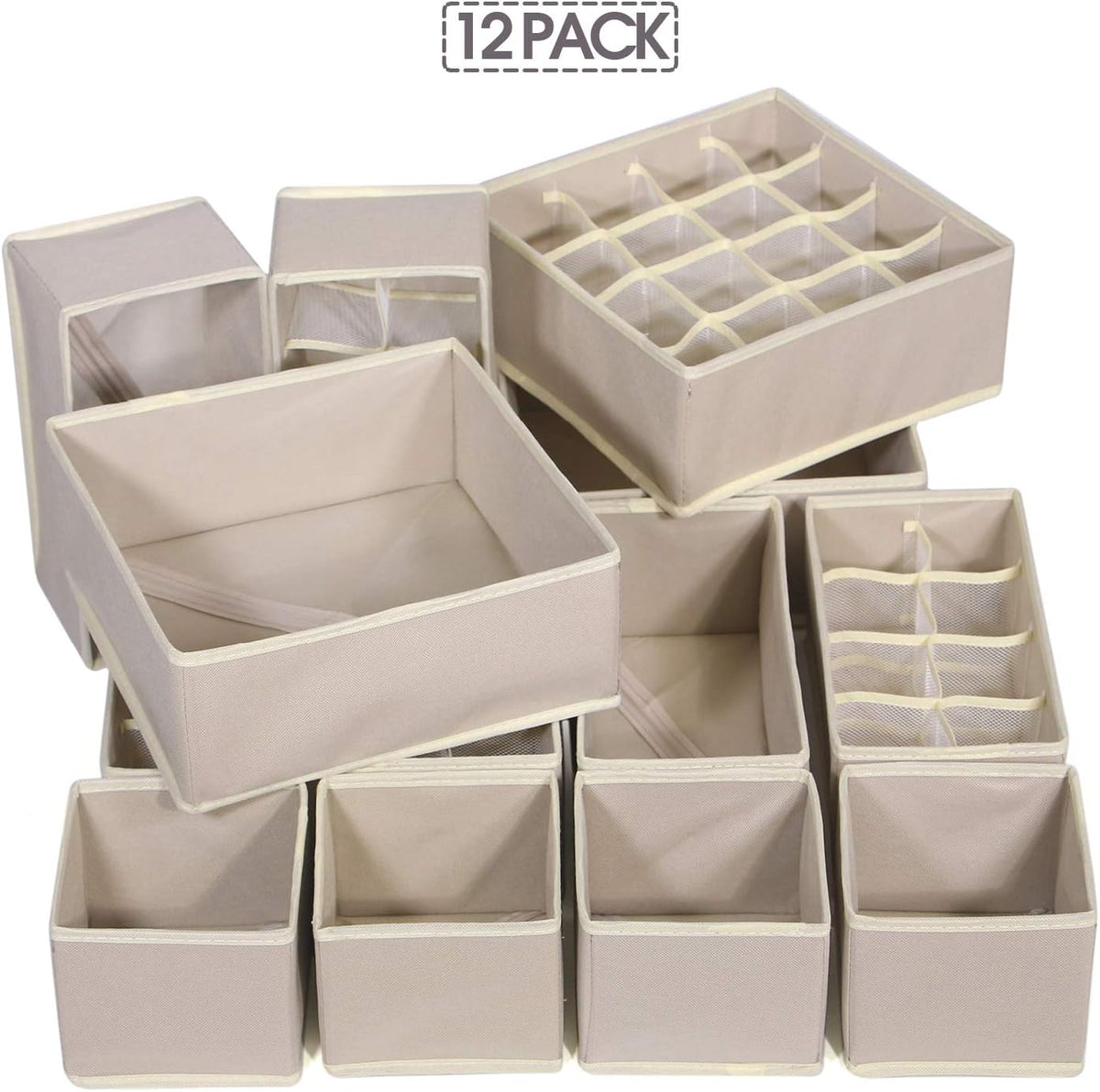 12 Pack Foldable Drawer Organizer Dividers Cloth Storage Box Closet Dresser Organizer Cube Fabric Containers Basket Bins for Underwear Bras Socks Panties Lingeries Nursery Baby Clothes Beige