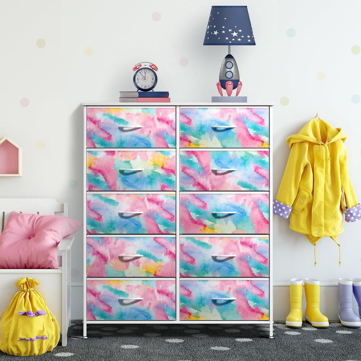 Dresser with Fabric Drawers & Wood Top (8 Drawer, Watercolor)