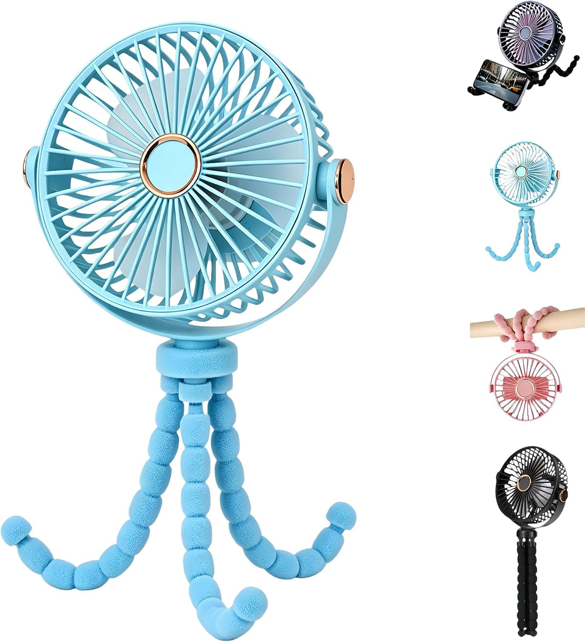 Octopus Stroller Fan for Baby, USB Rechargeable Handheld Mini Fan, Foldable Desk Fan with 3 Pairs of Decorative Ear Accessories & Screwdriver (Blue, Large)