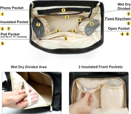 Diaper Bag Backpack Baby Diaper Bag for baby boy and girls, Leather Baby Bag Backpack with 13 Pockets,Changing Pad, Stroller Straps and 4 Insulated Pockets(Black)
