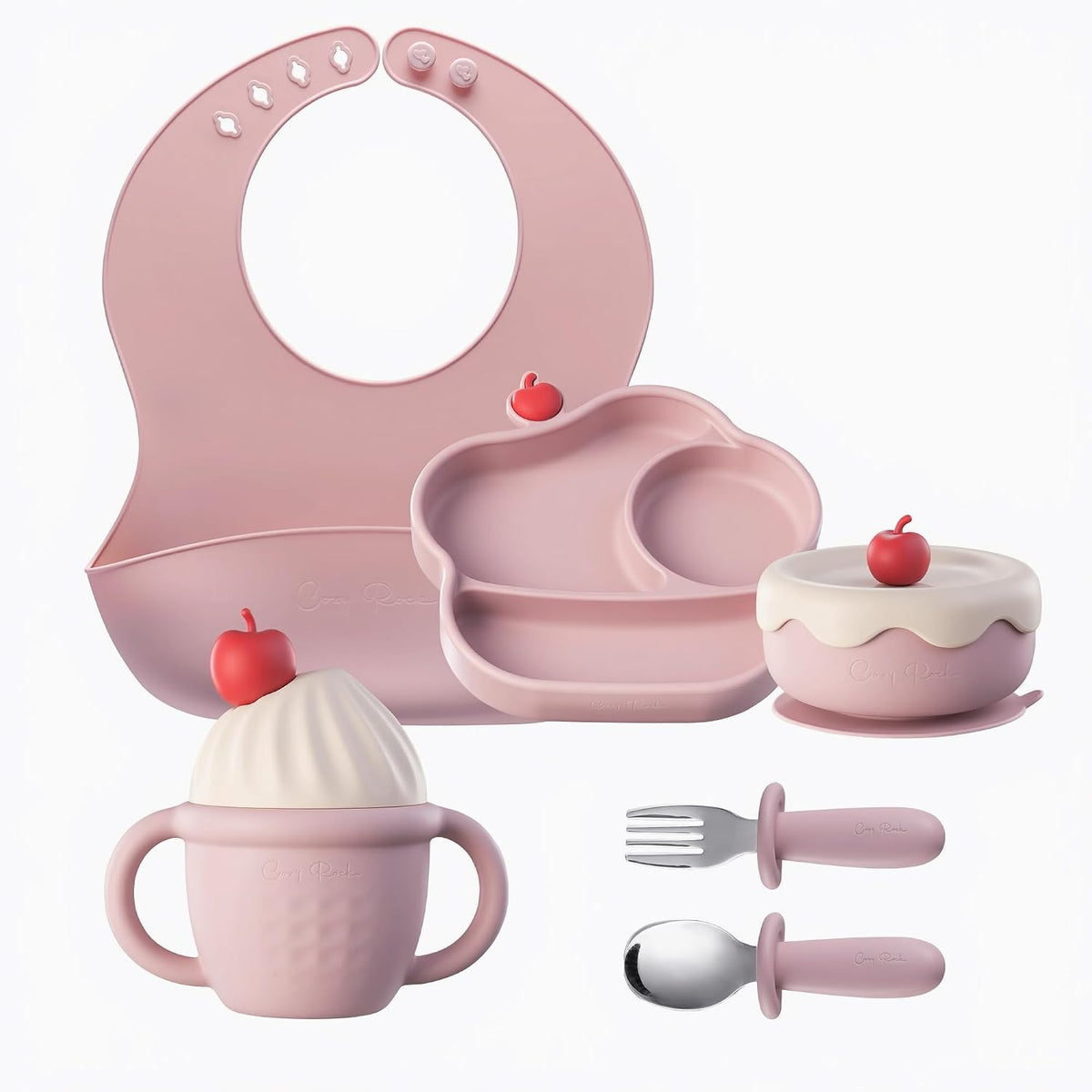 Silicone Baby Feeding Set, Gelato Collection 6-Piece BLW Starter Kit with Strong Suction Plate & Bowl, Straw Cup, Bib, Fork & Spoon, First Self-Feeding Ice Cream Set - Pink