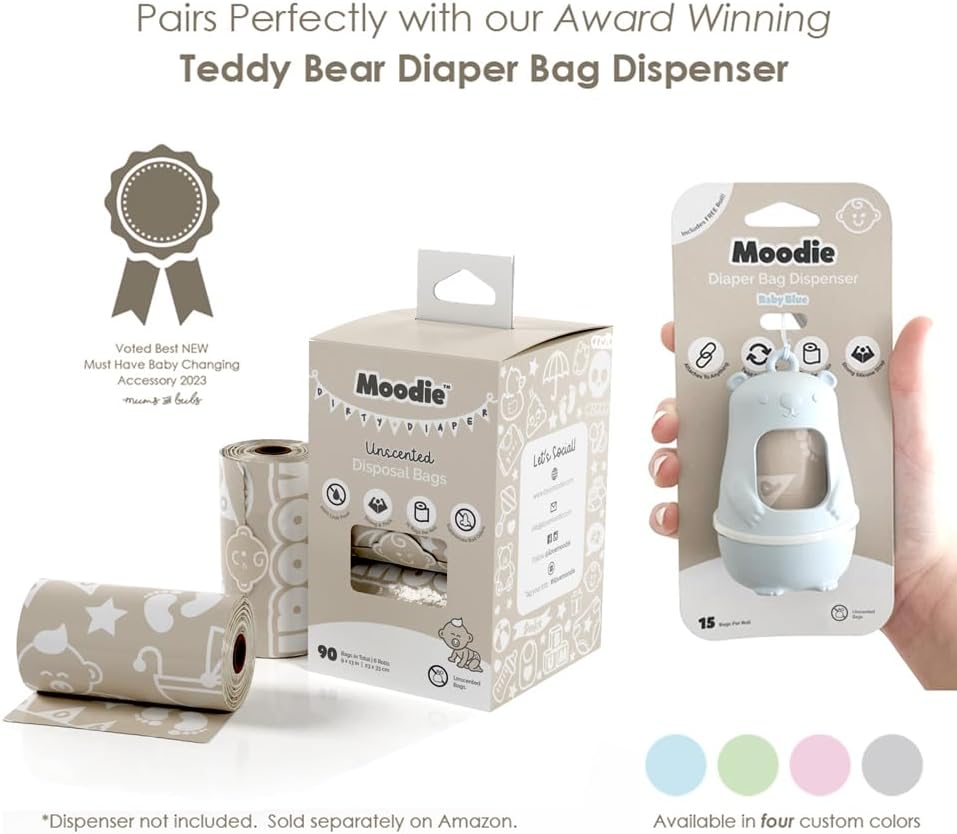 Teddy Bear Diaper Bag Dispenser | Diaper Trash Bags on the Go Dispenser w/Silicon Strap | 15 UNSCENTED Baby Poop Bags per Roll | Dirty Diaper Bags Disposable | Diaper Waste Bags (BLUE)