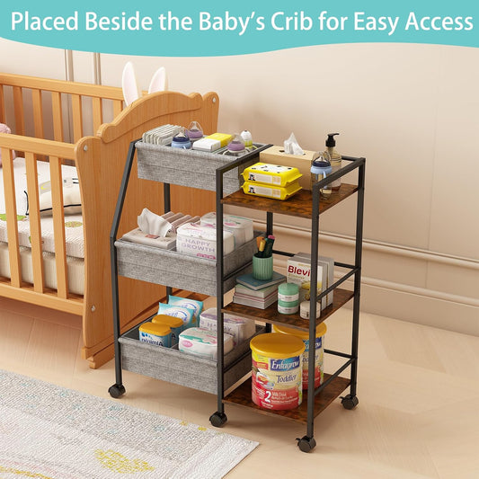 Rolling Nursery Diaper Caddy Organizer Cart, 3-Tier with Dividers