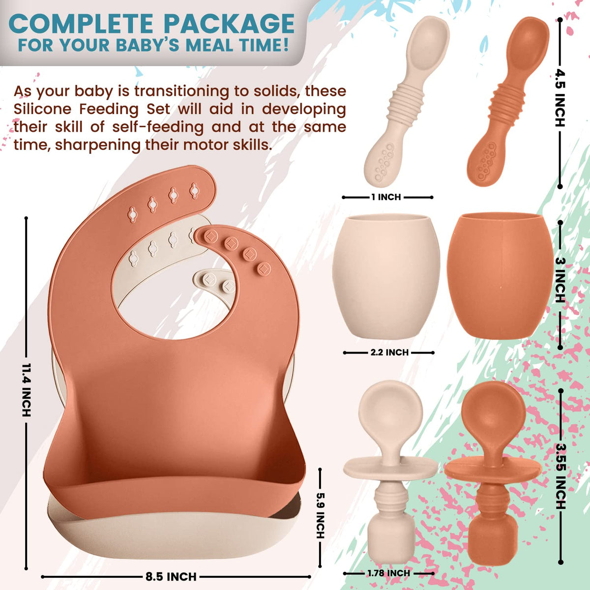 Baby Silicone Feeding Set - Baby Led Weaning Utensils, Silicone Bibs, Infant Feeding Cups For Boys, Girls, & Toddlers Smooth Waterproof Material For Practical Eating, Set of 8