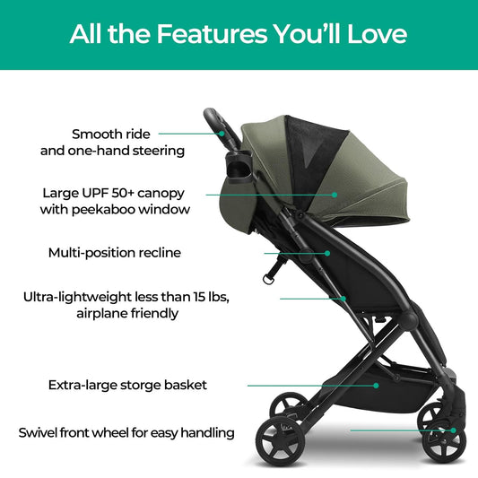 Lithe, Lightweight Stroller, Compact One-Hand Fold Luggage-Style Travel Stroller for Airplane Friendly, Reclining Seat and XL Canopy, with Rain Cover & Travel Carry Bag & Cup Holder