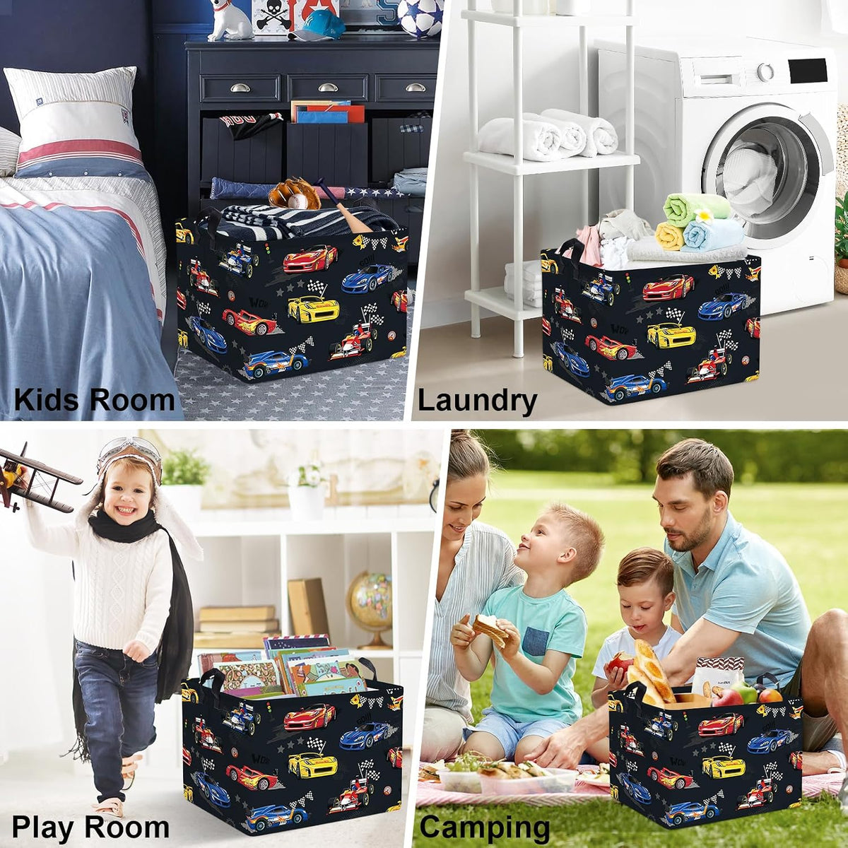 Competitive Race Car Kids Book Storage Basket Checkered Flag Clothes Laundry Basket Parents Gift Toy Box for Bedroom Shower, Grey, 40x30x30 cm