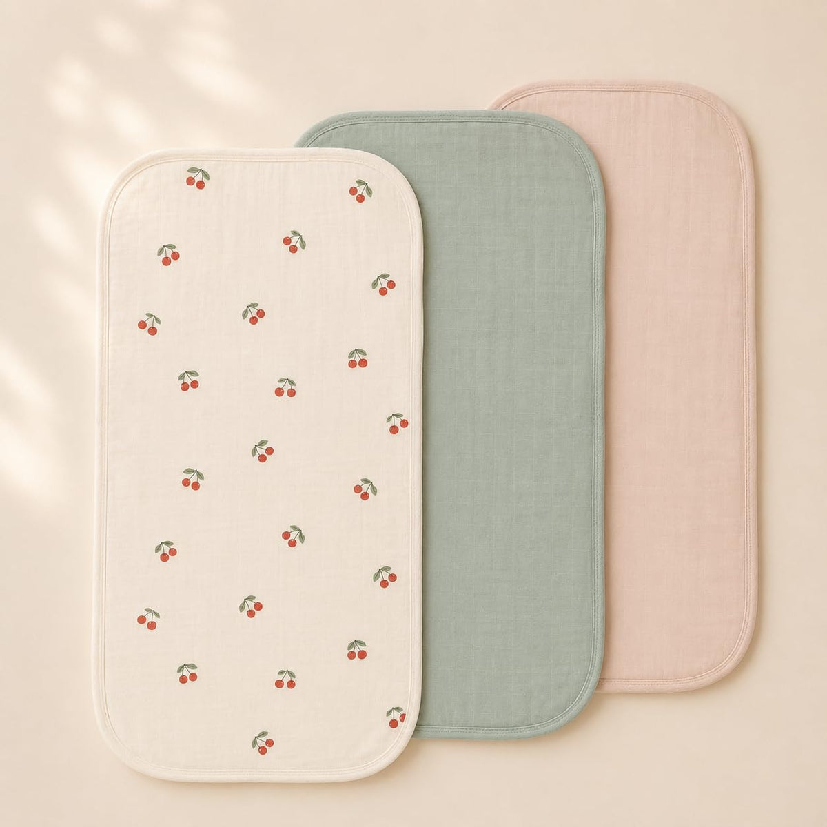 Miaoberry Organic Portable Muslin Changing Pad Liner – Waterproof Reusable Baby Diaper Changing Pad Cover for Travel, Cherry, Pink and Sage, 3 Pack