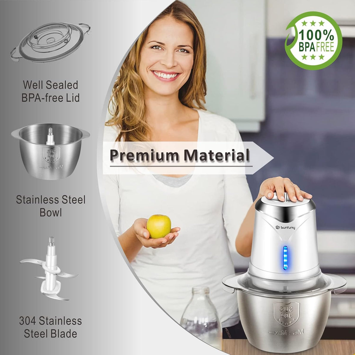 Cordless Food Processor, 5-Cup Stainless Steel Wireless Chopper w/ 2 Speeds