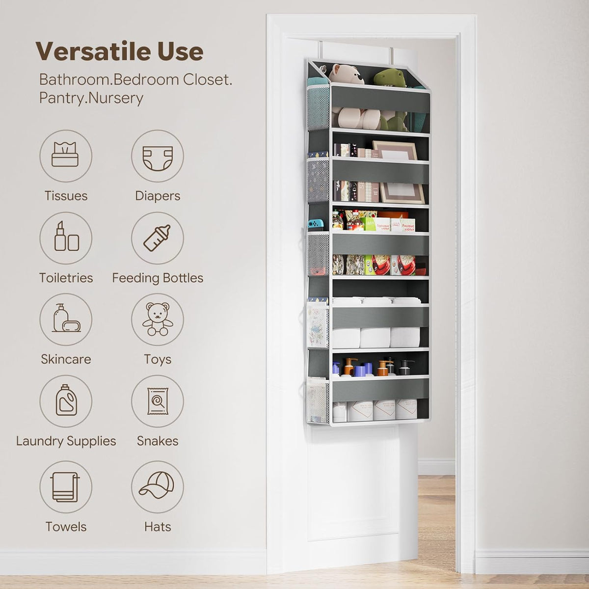 Over The Door Organizer with 10 Side Pockets, Dark Grey