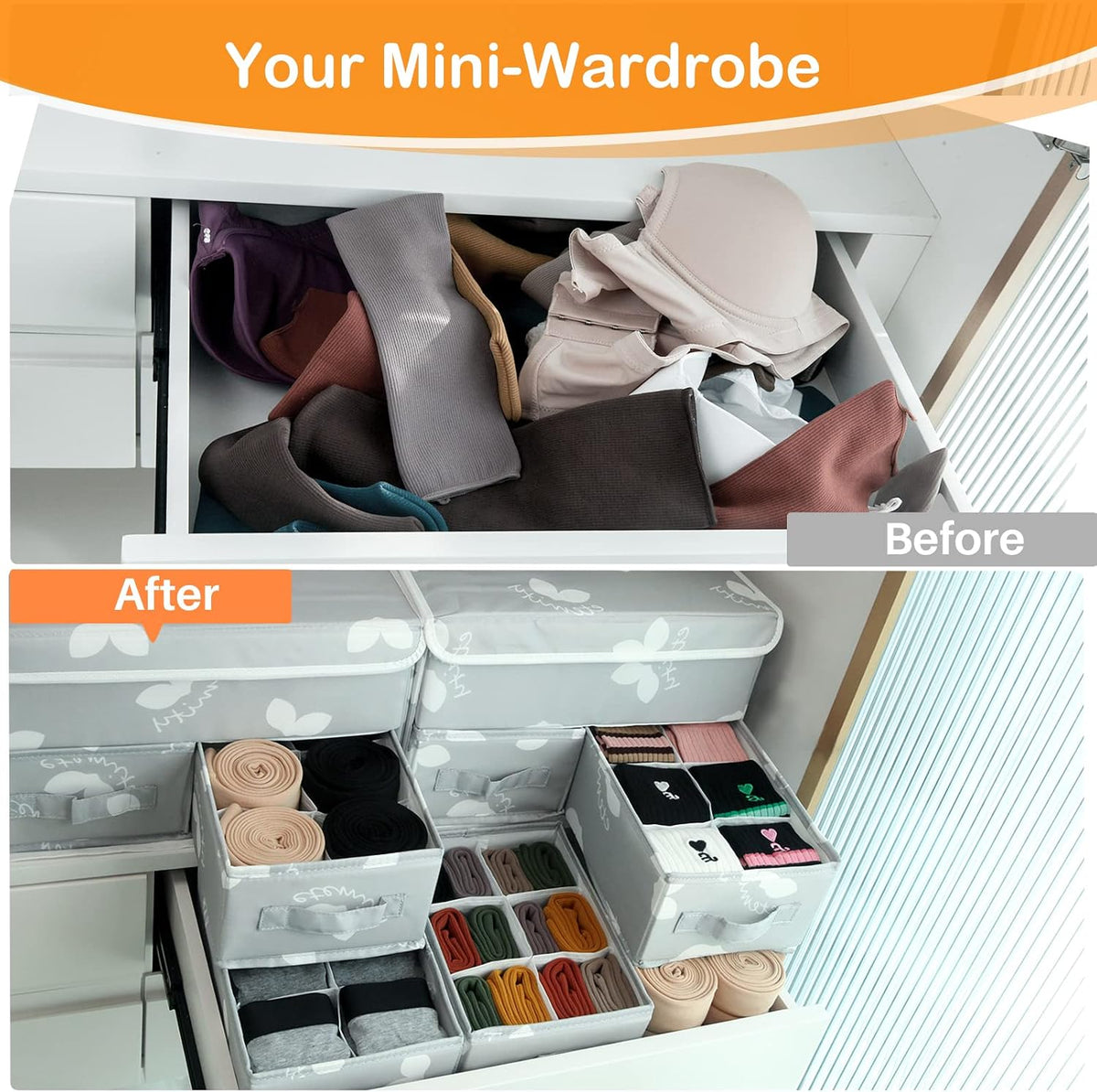 Sock Underwear Drawer Divider - Closet Organizers and Dresser Organizer Wardrobe Clothes Box Storage Bins with Lid for Bra, Leggings, Shirt, Panty (Grey)