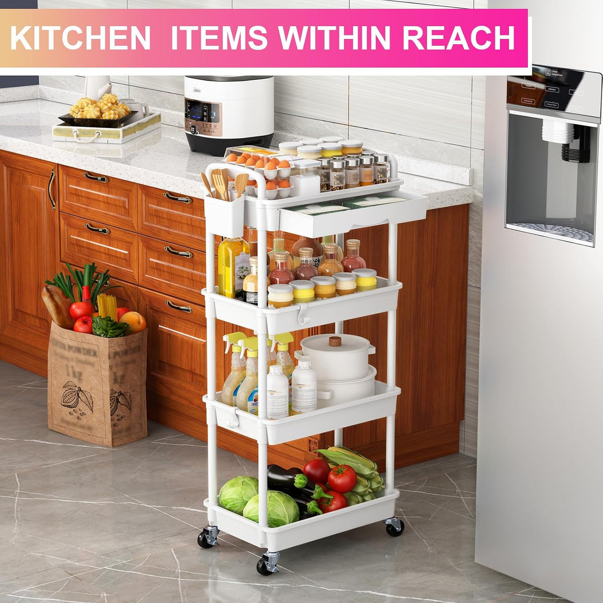 3 Tier Rolling Utility Cart Organizer with Removable Drawer, White