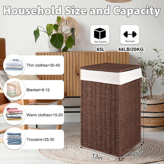 OIAHOMY Laundry Hamper with Lid, 90L(23.8 Gal) Large Wicker Laundry Basket for Bedroom, Handwoven Paper Rope Clothes Hamper with Washable Liner & Metal Frame, Decorative Organizer for Bathroom Grey