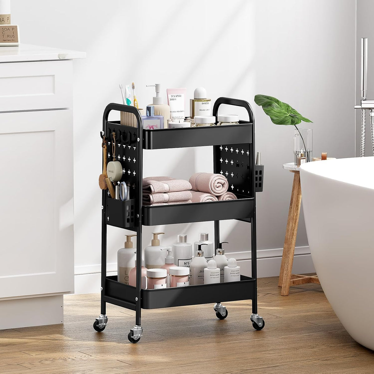 3 Tier Rolling Cart with DIY Pegboard, Hooks and Handles,Black