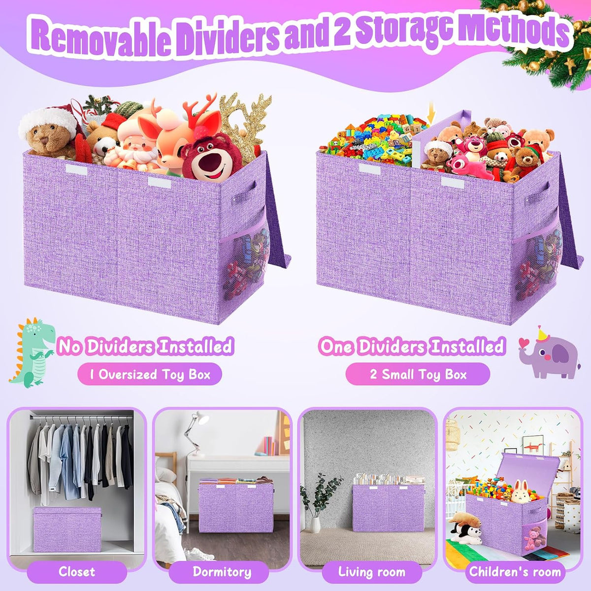 Large Toy Storage Box with Lid & Dividers, Kids Toy Chest, Beige and White