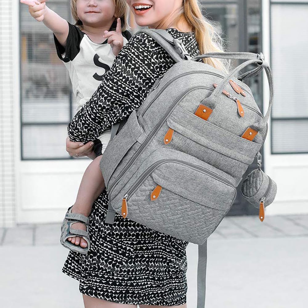 Diaper Bag Backpack Travel Baby Diaper Bag, Insulated Bottle Holders & Pacifier Case, Large Capacity (Light Gray)