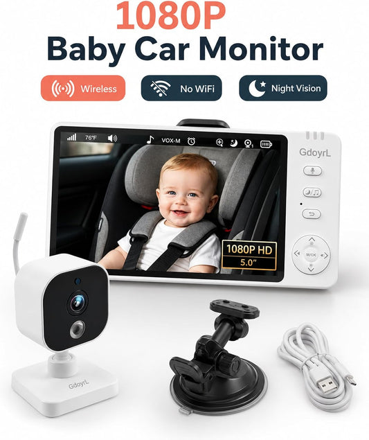 Wireless Baby Car Camera, 1080P HD IR Auto Night Vision, 360° Rotating Rear Facing Baby Monitor, 5" Display 4X Zoom, USB Powered Backseat Camera with 8 Lullabies VOX Temp Alarm & Infant Feed Reminder