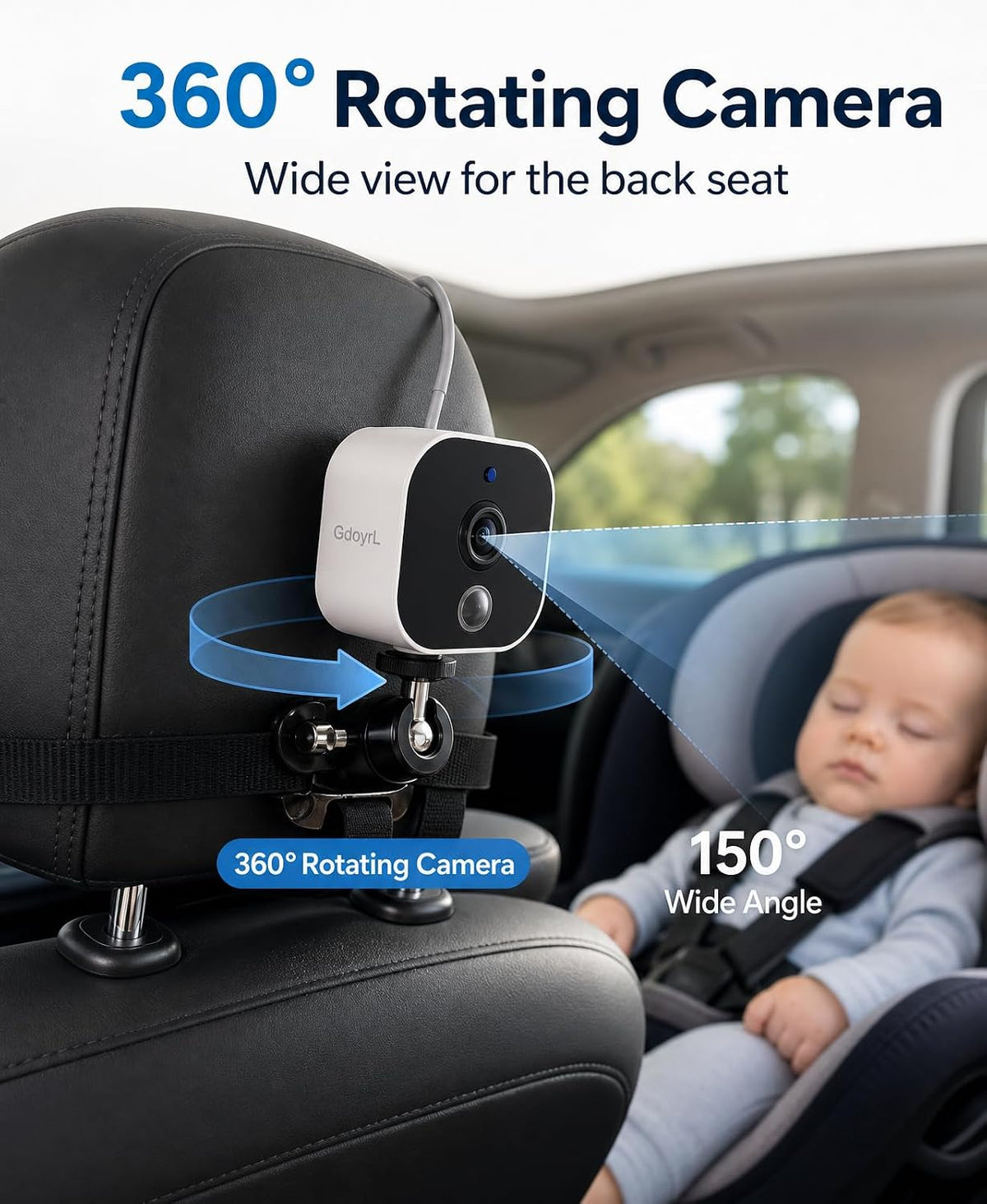 Wireless Baby Car Camera, 1080P HD IR Auto Night Vision, 360° Rotating Rear Facing Baby Monitor, 5" Display 4X Zoom, USB Powered Backseat Camera with 8 Lullabies VOX Temp Alarm & Infant Feed Reminder