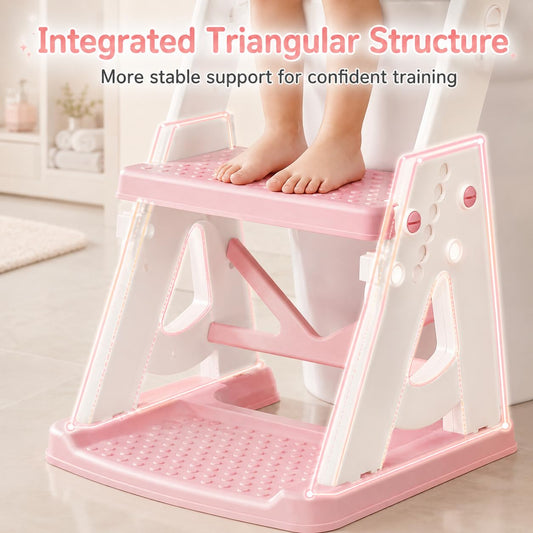 Potty Training Seat, 2 in 1 Potty Training Toilet with Step Stool for Boys Girls, Toddler Toilet Seat with Stabilizer Crossbar, Anti-Slip Pads and Splash Guard, Pink