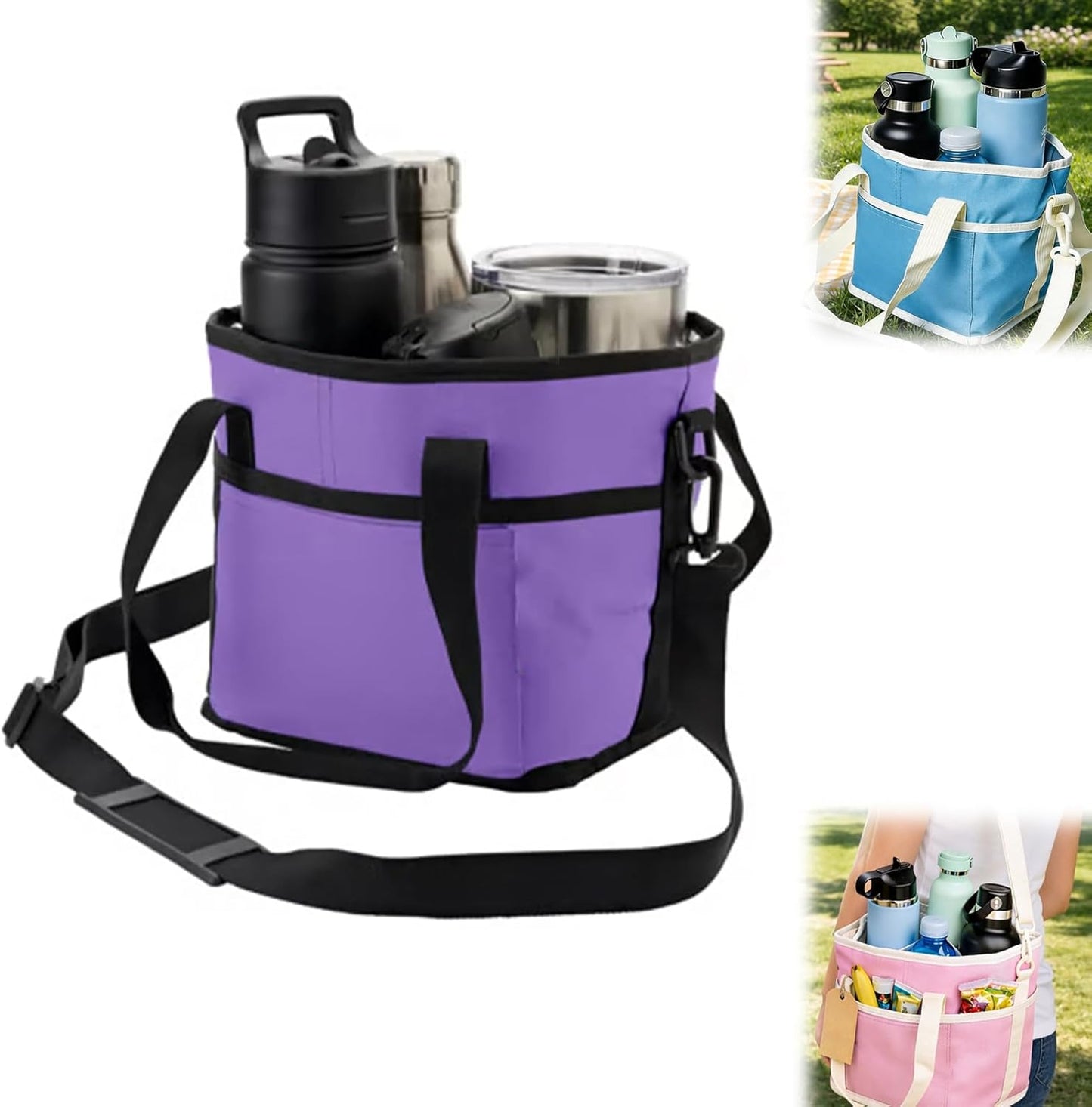 Family Size 4 Compartment Drink Bag, Insulated Multiple Tumbler Holder Caddy with Adjustable Strap, No-Spill Reusable Beverage Carrier for Hiking, Walking, Sports, Family Outings & Daily