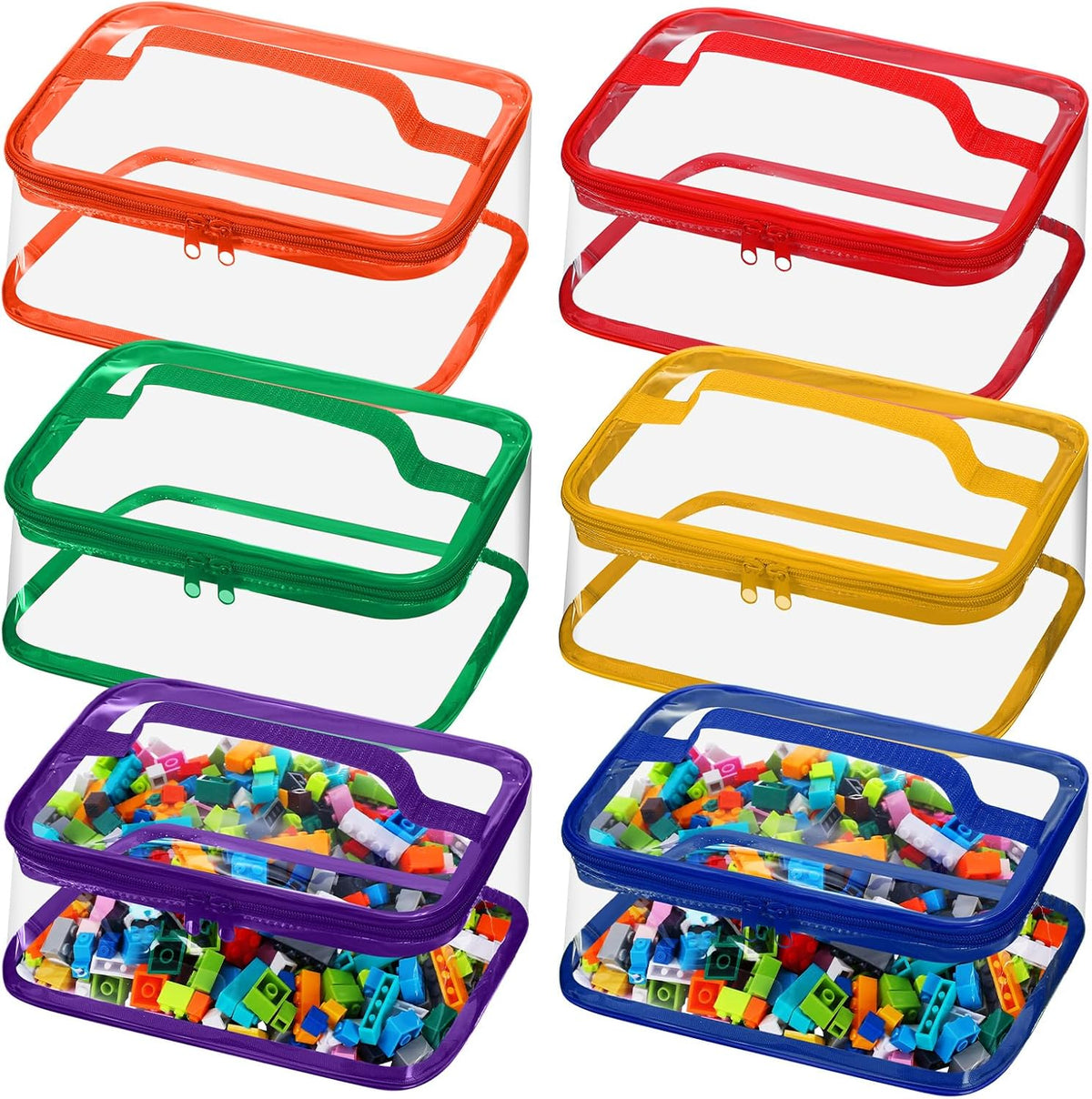 6 Packs Clear Toy Storage Bags PVC Organizing Toys Bags with Zipper for Kids Building Blocks Board Games Christmas Valentines Birthday Gift(Bright Colors)