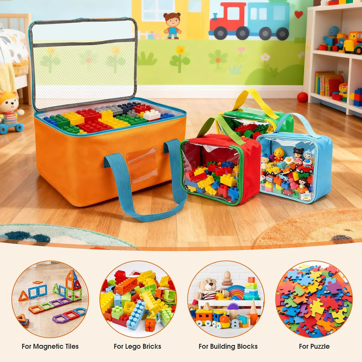 8 Packs Magnetic Tiles Storage Bags, Multi-Size Toy Organizer with Mesh Pockets & Label Pockets for Magnetic Building Tiles, Lego, Puzzle, Board Game, Travel Case