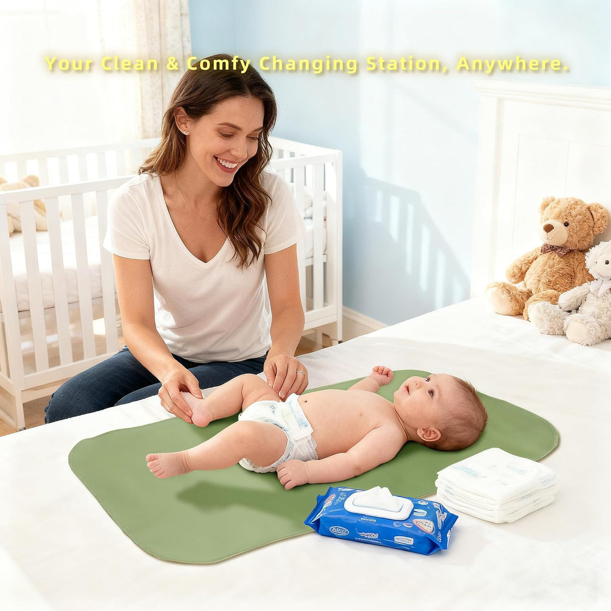 Changing Pad for Bed - Leather Changing Pad for Baby, Portable Baby Changing Mat Travel, Compact Diaper Change Mat, Fits Diaper Bag Beige