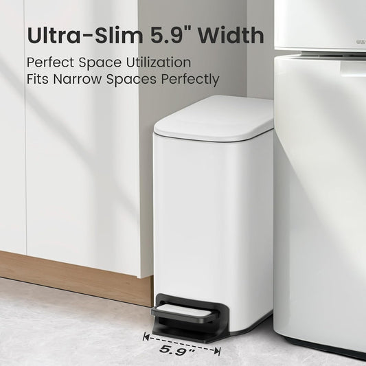 Small Bathroom Trash Can with Lid, 1.6 Gal, Soft Close, White