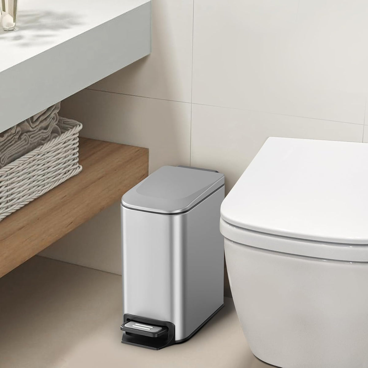Small Bathroom Trash Can with Lid, 1.6 Gal, Soft Close, White