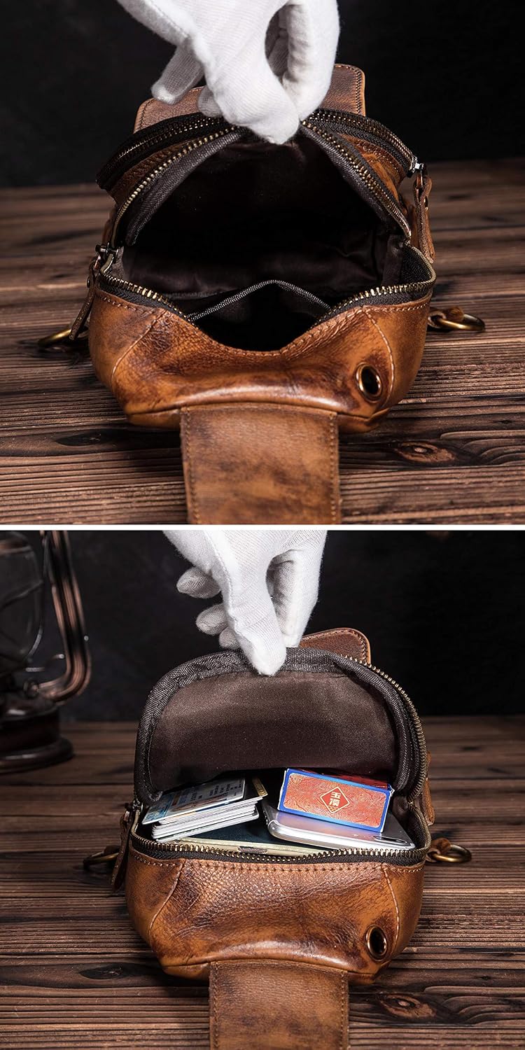 Men Outdoor Casual Travel Hiking Tea Crossbody Chest Sling Bag Rig One Shoulder Strap Bag Backpack Men Leather