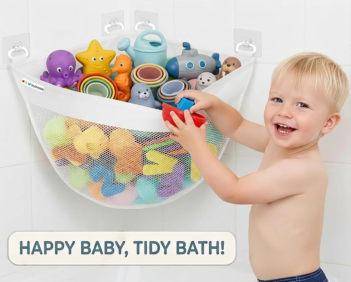 Bath Toy Storage for Bathtub – Large Bath Toy Holder & Bath Toy Net, Kids Bathtub Toy Storage Bag Organizer with 6 Strong Adhesive Hooks, Quick-Dry Mesh Bathroom Toy Holder Basket for Tub & Shower