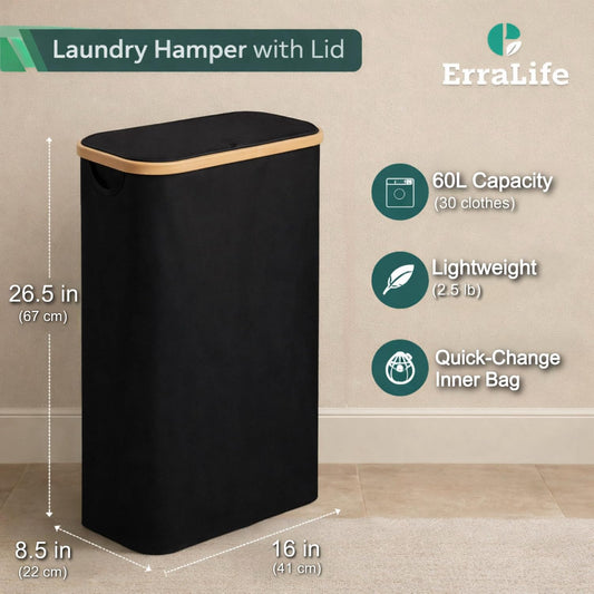 Slim Laundry Hamper with Lid, 60L Capacity, Bamboo Handles, and Steel Ring Removable Inner Bag - Collapsible Clothes Basket Laundry Organizer for Bedroom, Bathroom, Dorm, Black