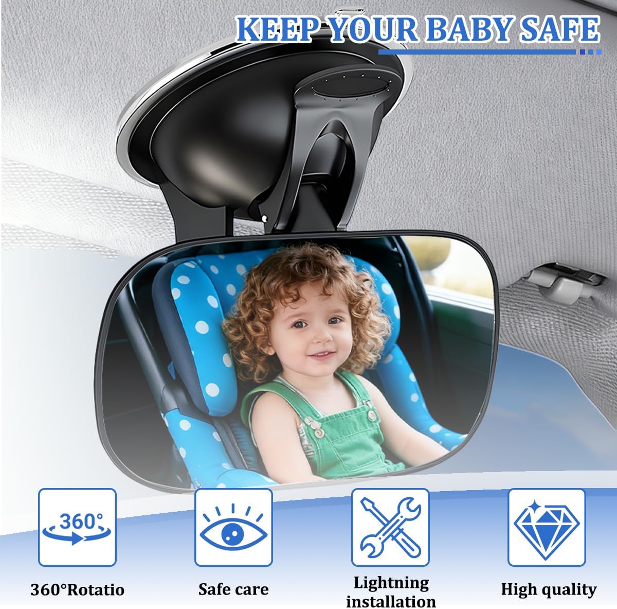 Baby Car Mirror, 360° Adjustable Clip-on Vehicle Wide Angle Convex Mirror, Automotive Interior Rearview Accessories for Viewing Rear Passengers, Universal for SUV Truck Sedan
