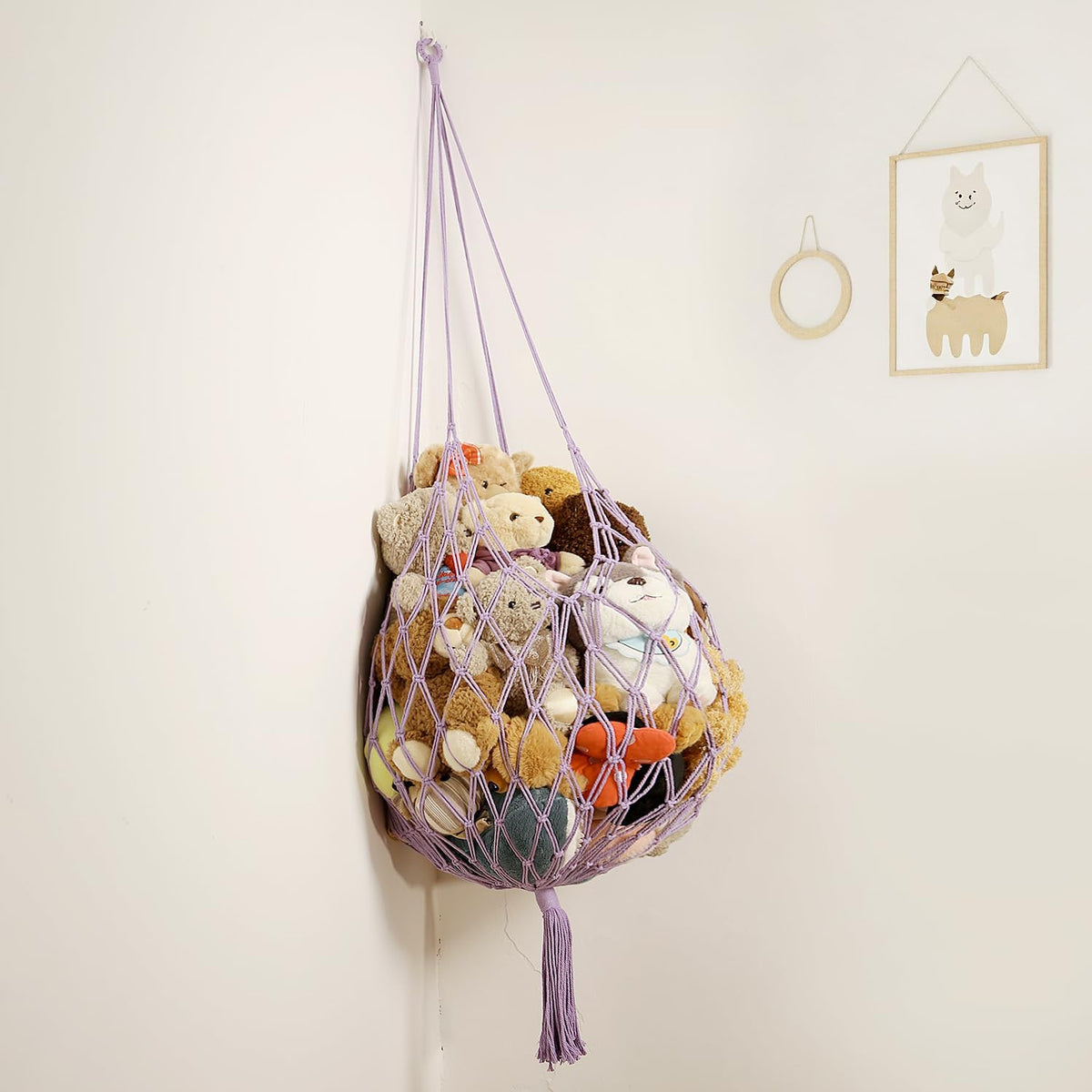 Stuffed Animal Storage Hammock Corner Hanging Net Stuffy Animal Hammock Macrame Toy Display Plush Toy Holder for Kid Bedroom Decor Boho Nursery Playroom Organizer (Cream)