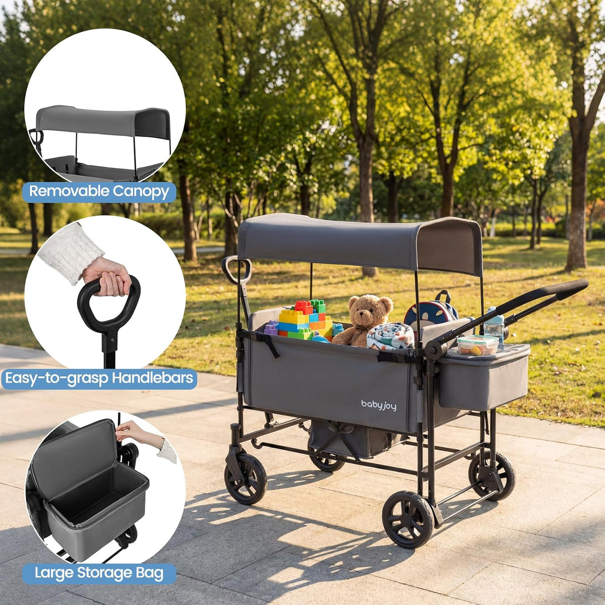 Wagon Stroller for 2 Kids, Foldable Side-Unzip Stroller Wagon with Adjustable Push/Pull Handle, Removable Canopy, Storage Bag, Harness & All-Terrain Wheels for Zoo, Beach & Travel (Gray)