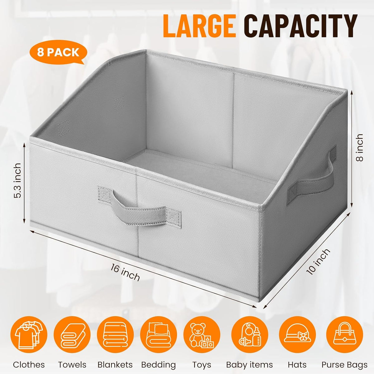 Closet Organizers Bins - Large Closet Shelf Organizer with Handles - Fabric Trapezoid Home Organization and Storage Baskets for Organizing Clothes Toy Blanket Towel Purse Hats
