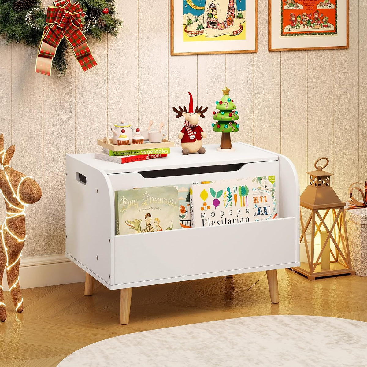 Kids Toy Box, Wooden Mobile Toy Storage Organizer with Bookshelf & Lockable Wheels for Girls Boys, Toy Storage Chest Bench for Toddler Room, Playroom, Bedroom, Living Room, Nursery