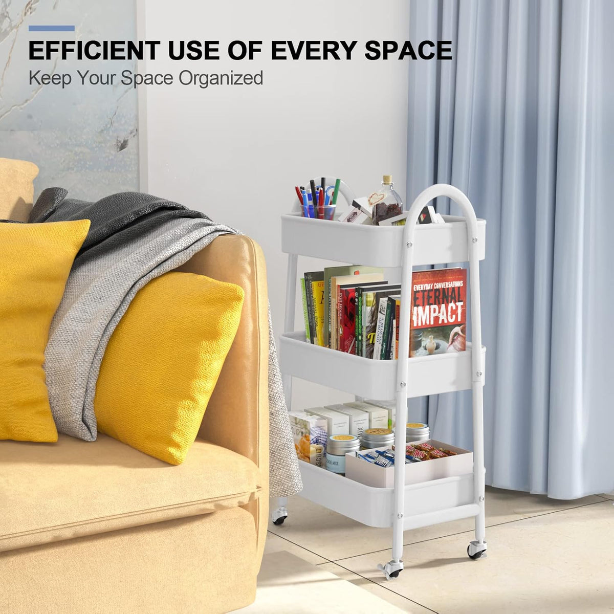 3 Tier Utility Rolling Cart, Metal Storage Cart with Handle and Lockable Wheels, Multifunctional Storage Organizer Trolley with Mesh Baskets for Kitchen, Living Room, Office, Garage (Beige)