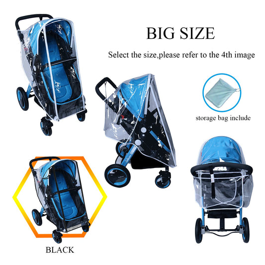 Baby Stroller Rain Cover Umbrella Weather Shield Accessories Universal Size Protect from Rain Wind Snow Dust Water Proof Ventilate Clear Food Grade Materia EVA Plastic Zipper Black (Small)
