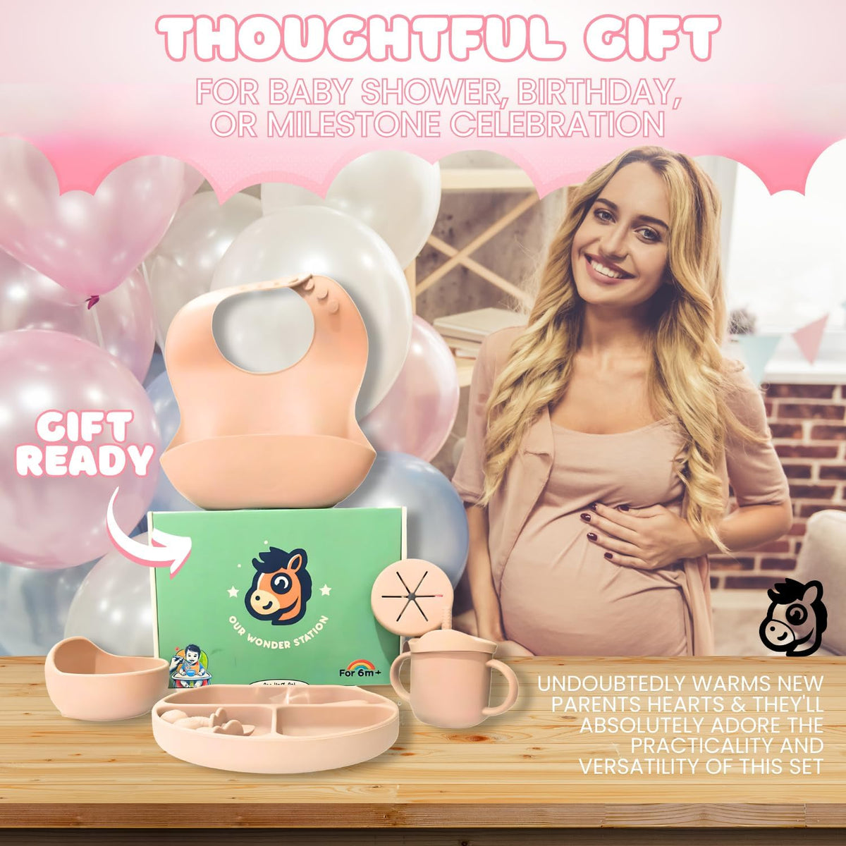 OWS Baby Feeding Set (11 pc) - Certified BPA-Free 100% Food Grade Silicone with Suction Bowl, Divided Plate, Sippy Cup with Straw & 2 Lids, Adjustable Bib, and Weaning Utensils (Light Pink)