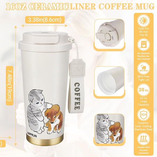 Insulated Tumbler With Lid And Straw, Stainless Steel Cat Coffee Tumbler 16 Oz, Travel Ceramic Lined Coffee Tumbler, Double Wall Vacuum Leak Proof Mug For Office School Party Camping (Glass Cat)