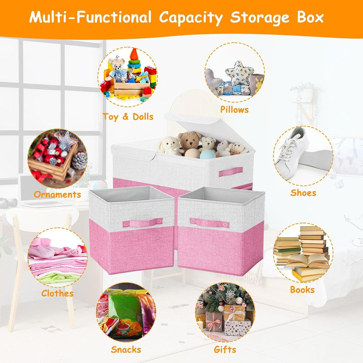 3 Pack Large Toy Box Storage Organizer Set, Grey White