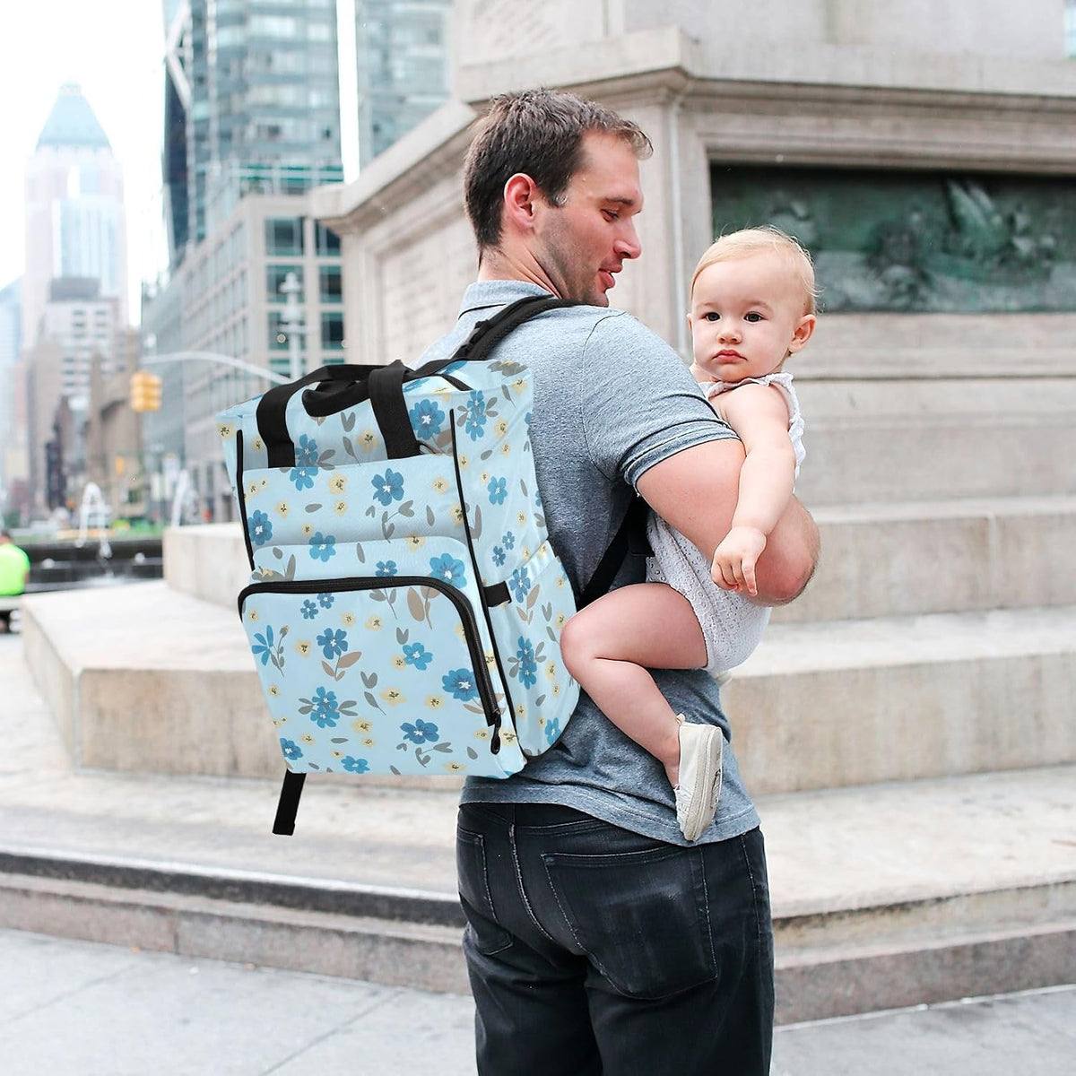 Diaper Bag Backpack, Multifunction Travel Bag for Moms Dads, Baby Changing Bag with Insulted Pockets, Stroller Straps and Side Bottle Pockets Blue Floral Pattern