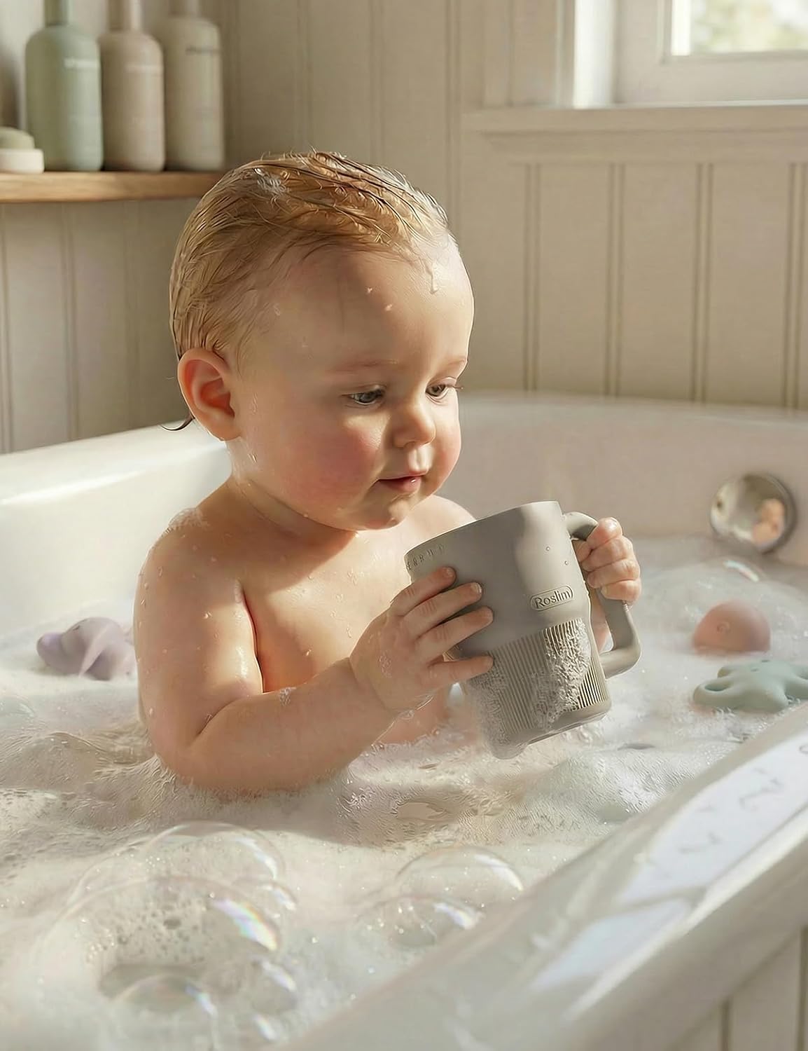 Silicone Baby Bath Rinse Cup - Shampoo & Body Washing Rinser for Kids & Toddlers, Lightweight Bath Cups for Rinsing Hair, Easy-Grip Handle, Ultra Soft Material (Olive Green)
