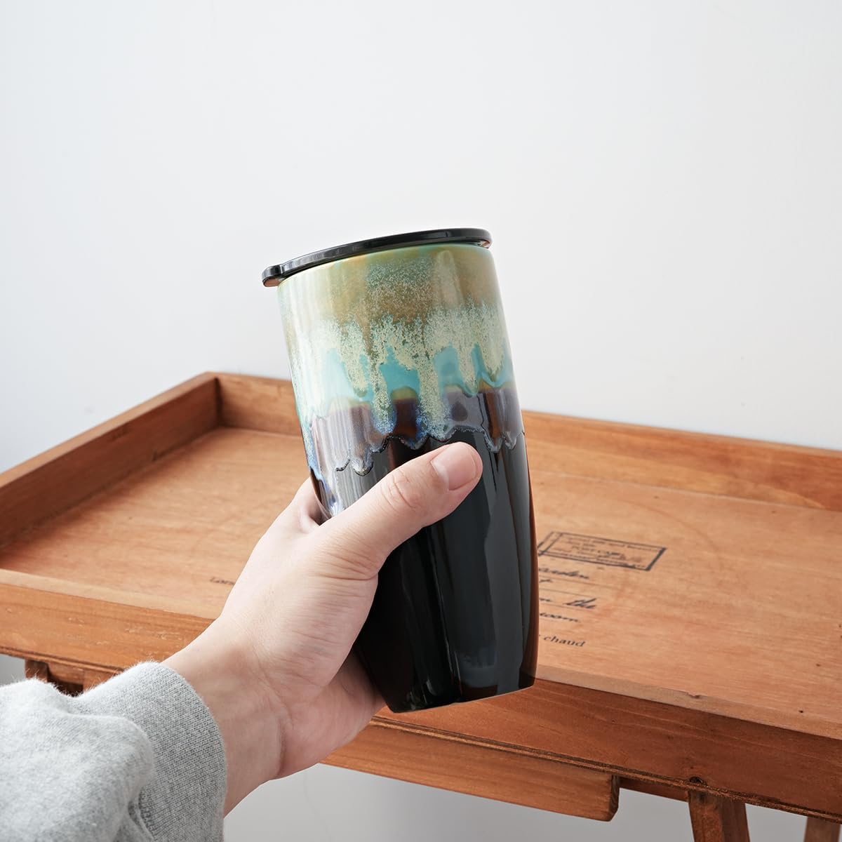 Ceramic Travel Coffee Mug with Lid, 21 oz, Portable Coffee Cup for Car Cup Holder, Microwave and Dishwasher Safe, Reactive Glaze