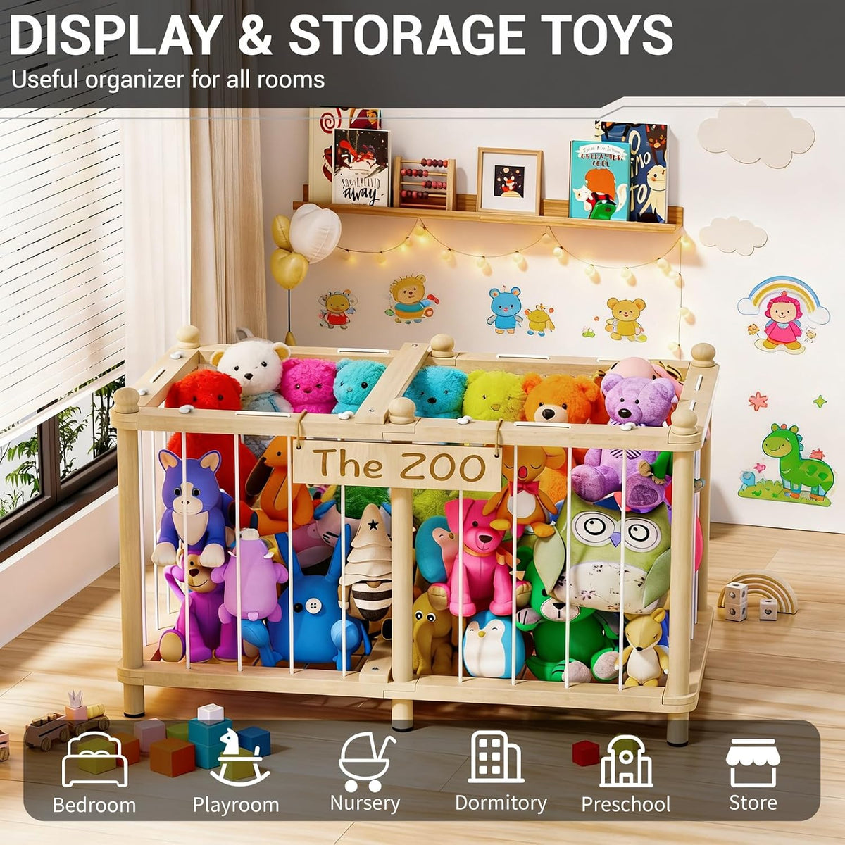 Stuffed Animal Storage Zoo, Wooden Toy Organizers and Storage, Large Capacity Kids Stuffy Organizer, Space Save Stable Plushies Holder Cage for Toddler Room, Bedroom, Playroom & Nursery