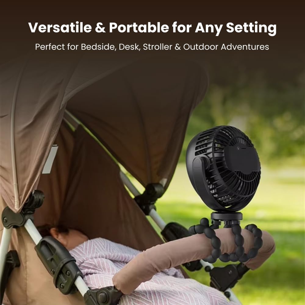 Portable Baby Stroller Mini Fan with Flexible Tripod, Rechargeable 360° Rotating Fan for Car Seat, Crib, Bike, Travel & Outdoor Use, Safe for Babies (Black)