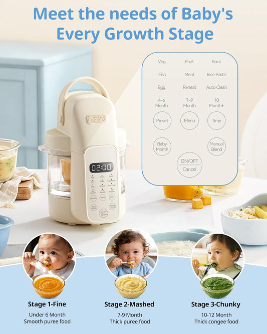 FM01 Baby Food Maker, 316L Stainless Steel Blades | Puree Steamer Blender Processor With 10oz Glass Bowl | One-Step Food Mill with Recipe, 12H Keep Warm, Auto Clean, Reheat | BPA-Free